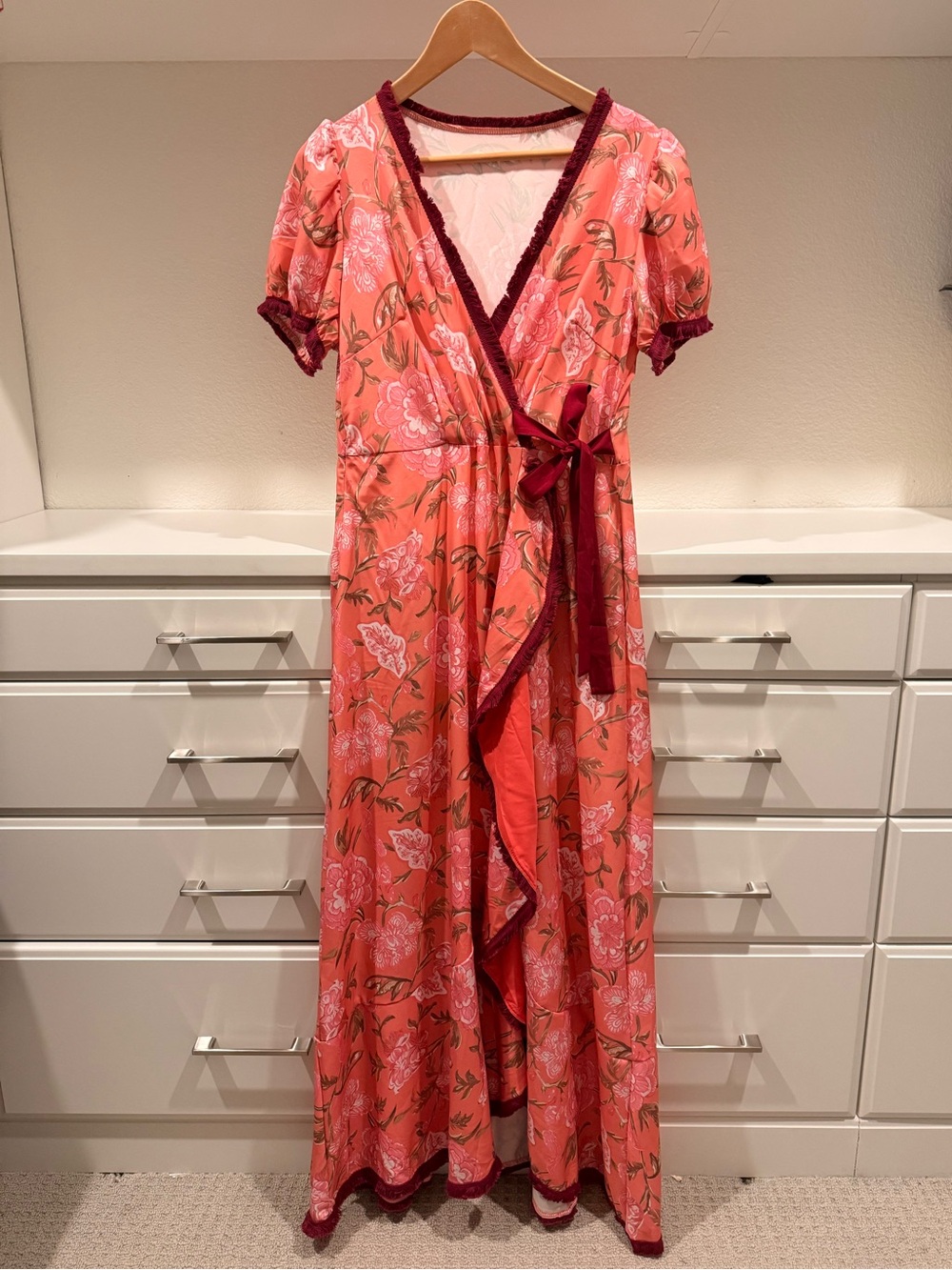 Floral Coral Maxi Dress with Contrast Trim